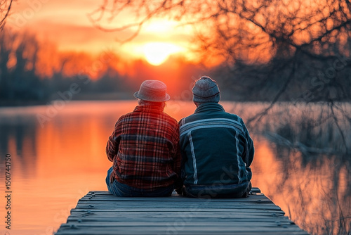 Two elderly companions sharing a tranquil sunset moment on a wooden dock