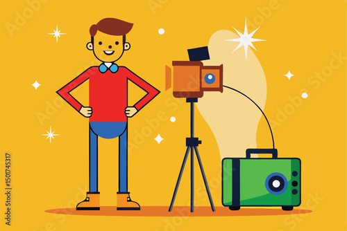 Happy photographer with vintage camera and green case in studio setting