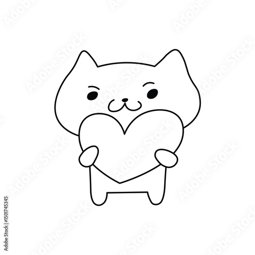 Cartoon cat holding a big heart with a determined face, cute and bold black and white line art illustration. Fun and positive design perfect for coloring, stickers, emoji sets, or playful graphics