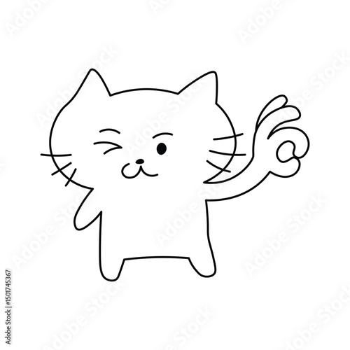 Cute cartoon cat winking and making OK hand gesture, playful and confident pose, black and white line art. Fun and positive design perfect for coloring, memes, stickers, emoji sets, layful graphics