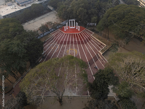 Aerial view of beautiful historical architecture and greenery with a prominent monument and pathways, Dhaka, Dhaka, Bangladesh. photo