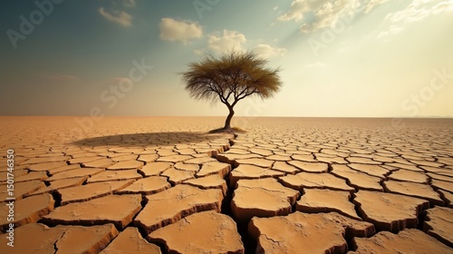 A Dry, Cracked Landscape with a Single Tree Struggling to Survive