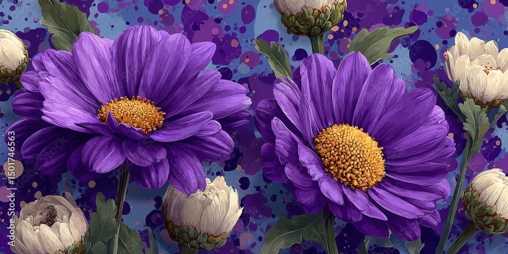 Retro Hippie Daisy Floral Pattern with Abstract Spots on Purple Background Retro Hippie Daisy Floral Pattern with Abstract Spots on Purple Background