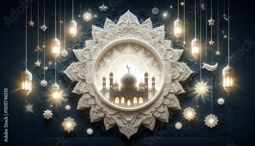 Elegant Eid Mubarak Decoration Ornate Mandala, Mosque Silhouette, Hanging Lanterns, and Stars against a Dark Blue Background
