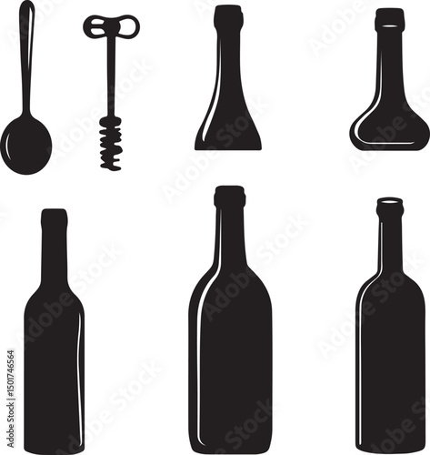 Black and White Vector Illustration of Kitchen Utensils: Spoon, Corkscrew, and Various Wine Bottle Silhouettes for Culinary and Beverage Designs