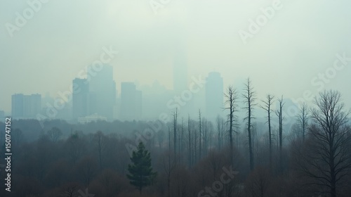 Cityscape Covered in Smog with Dying Trees in the Foreground