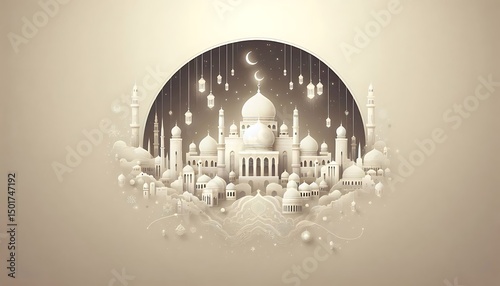 Elegant White Mosque Illustration with Crescent Moon, Starry Sky, and Hanging Lanterns for Ramadan