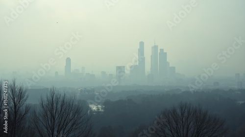 Cityscape Covered in Smog with Dying Trees in the Foreground