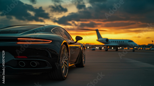 A luxurious car parked on tarmac, with private jet glistening in distance, creating a panoramic view of opulence and adventure