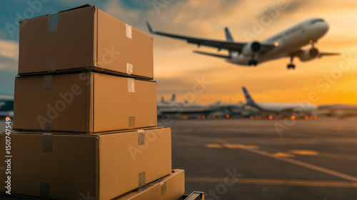 Boxes on a cargo truck being transported to an airplane for air transport, with the background showing an airport runway and a plane in the distance.