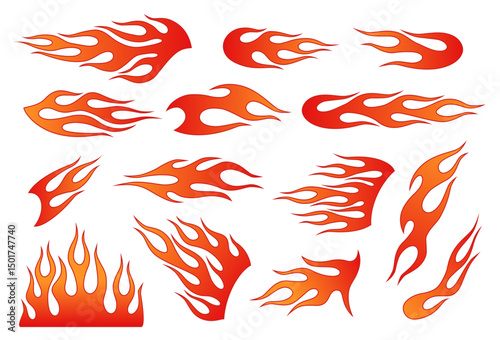 Flame decal. Red silhouette fire flames tattoo, tribal fire vinyl burning stickers for sport car and motorbike. Hotrod muscle car, motorcycle racing graphics. Vector set