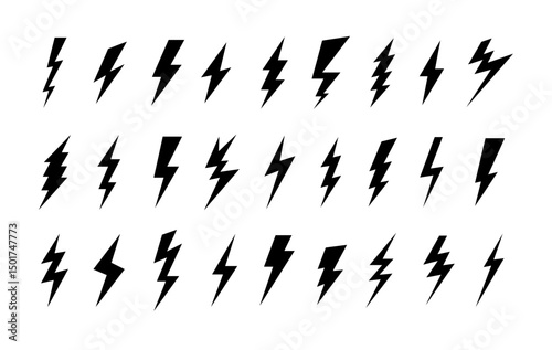 Lightning bolt icon. Flash symbol, thunderbolt, blitz lightnings strike sign. Electric energy black silhouettes, power concept. Vector isolated dynamic sports logo set