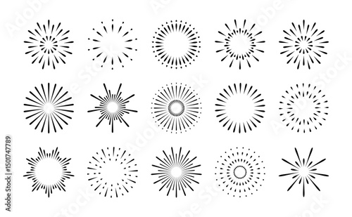 Exploding fireworks. Sunburst explosion, abstract shine firework, starburst silhouettes. Outline radial light flare, vintage sunbursts, dynamic rays minimal labels. Vector set