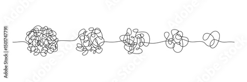 Simplifying process. Easy problem solving, complex to simple. Messy scribble line tangles, chaos transformation, stress reduction. Simplify and psychotherapy vector concept