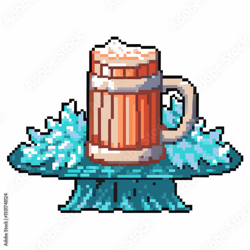 Pixel art beer mug on icy surface, frothy refreshment, retro gaming style, cold beverage vibes