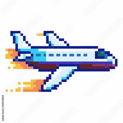 Pixel art airplane with fiery trail, retro video game flying aircraft, digital illustration