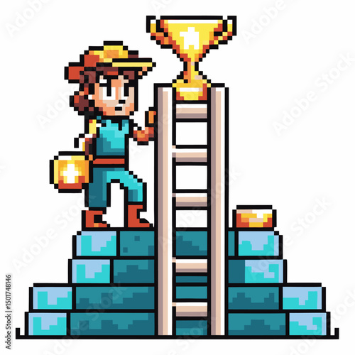 retro pixel hero climbing ladder to golden trophy, victory and achievement in classic video game