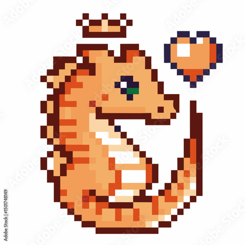 Pixelated dragon with crown and heart retro gaming fantasy creature