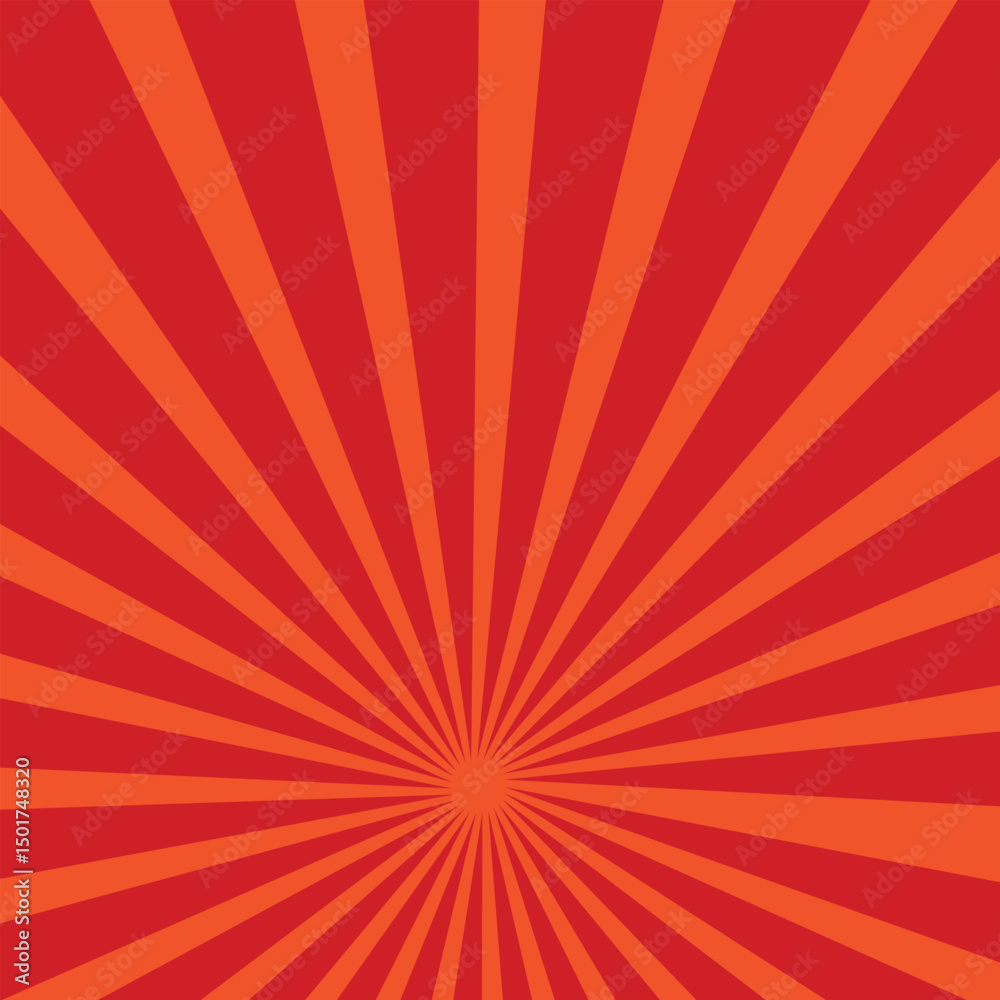 Fototapeta premium Pop art red burst background. Sunbeam comic book radial lines superhero action explosion lightning blast backdrop with halftone dots. Anime manga retro vintage background