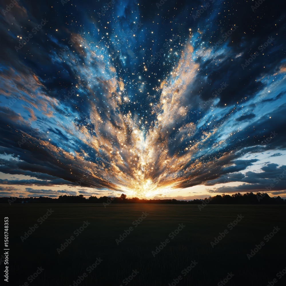 Obraz premium Stunning celestial explosion at sunset over a serene landscape dramatic skyscape nature photography