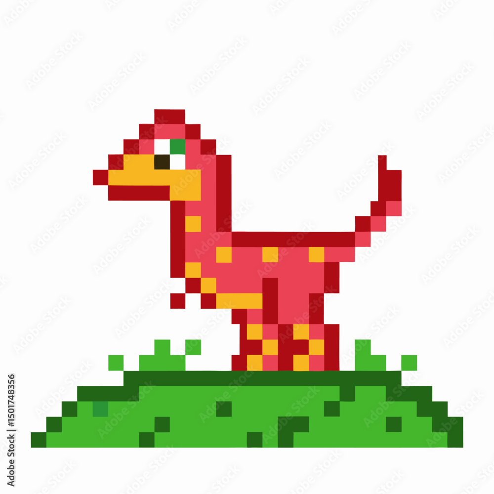 Obraz premium pixelated dinosaur artwork on grass retro 8 bit creature in vibrant red and yellow colors