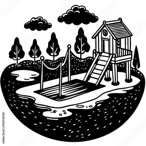 Black and White Illustration of a Childrens Play Area