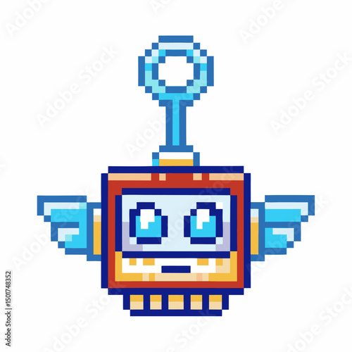 Pixel art robot with wings and antenna floating in retro digital