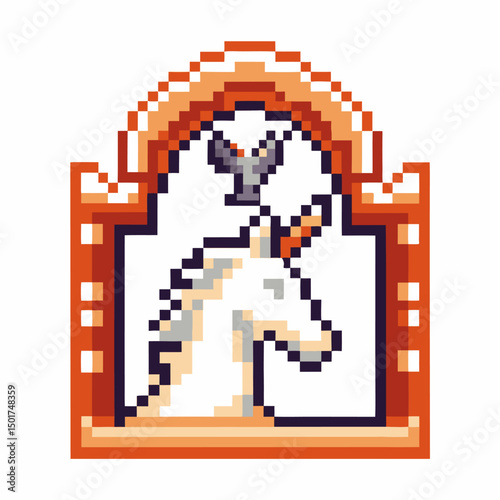 Pixel art unicorn with medieval arched frame and abstract pixelated design