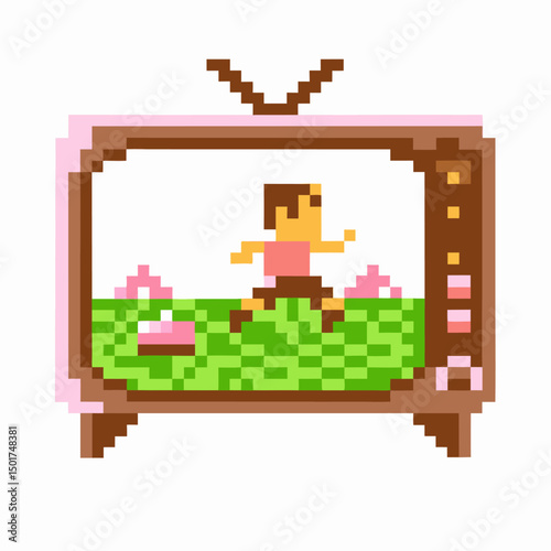 pixel art retro tv game scene with character vintage 8 bit gaming classic on screen adventure