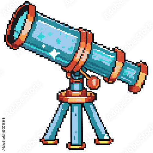 Pixel art telescope with stars, retro astronomy equipment in blue and red