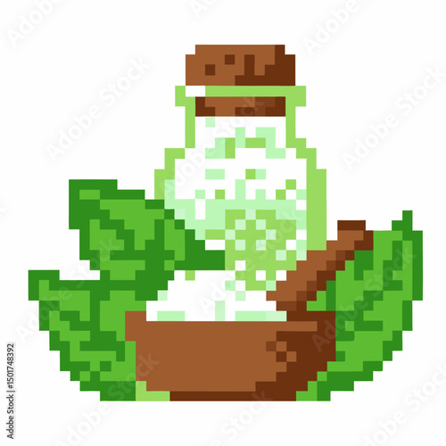 Pixel art potion bottle with green leaves and mortar