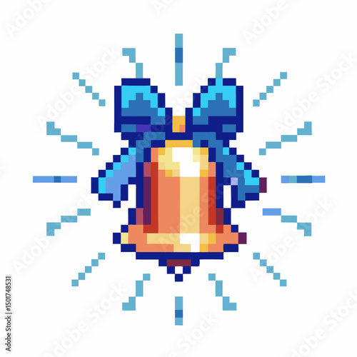 Pixelated golden bell with blue bow retro digital design, ringing celebration concept