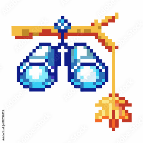 Vintage pixel binoculars and hanging leaf art on branch, retro video game