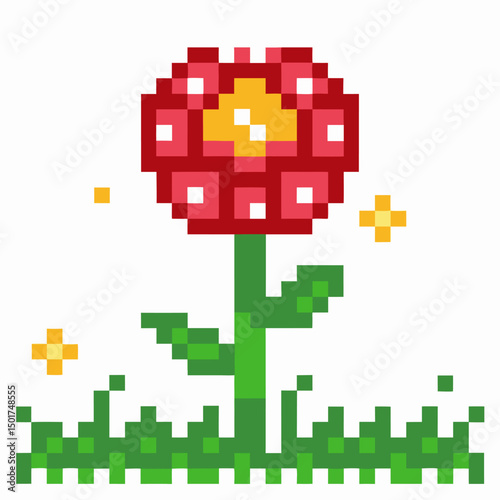pixel art flower with green stem and leaves, retro digital design in bright colors
