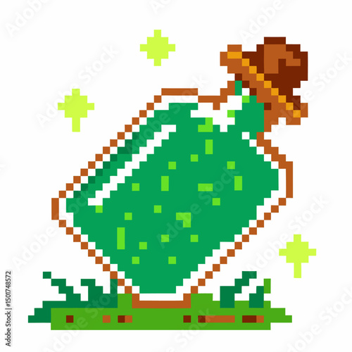 Pixel art magic potion bottle green elixir with sparkling light, retro gaming aesthetic, fantasy pixel design