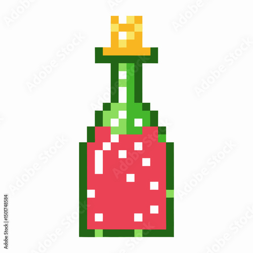 Pixel art potion bottle with golden crown stopper, vibrant green and red design
