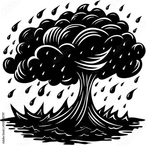 Stylized Black and White Illustration of a Stormy Wave