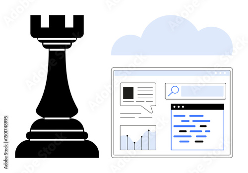 Chess rook beside digital data dashboard interface with graphs, search bar, text. Ideal for strategy, analysis, technology, innovation, leadership, decision-making simple landing page