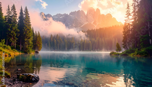 Serene Mountain Lake at Sunrise with Misty Pine Trees