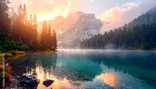 Serene Mountain Lake at Sunrise with Misty Pine Trees