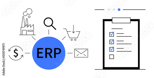 ERP process visualized with a factory, checklist, money, email, magnifying glass, and shopping cart icons. Ideal for business integration, supply chain, finance inventory IT operations simple