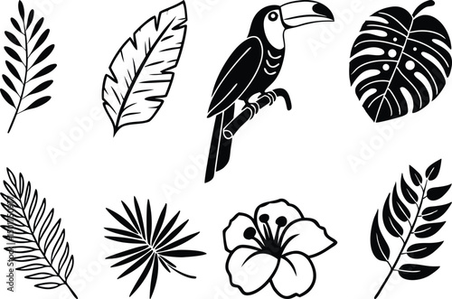 Tropical Paradise Clipart Set Silhouettes Design. Clipart Set of Tropical Paradise Silhouettes. Paradise Clipart Silhouettes Tropical Collection. Tropical Clipart Set with Paradise Silhouettes