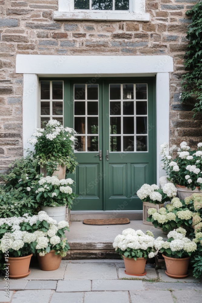 Naklejka premium The inviting entrance of this charming rustic home is beautifully enhanced by vibrant white hydrangeas displayed in terracotta pots beside its elegant stone façade