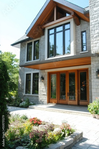 Wallpaper Mural This contemporary stone house features expansive windows and beautiful wooden details, all set against a backdrop of colorful landscaping under a bright, sunny sky Torontodigital.ca