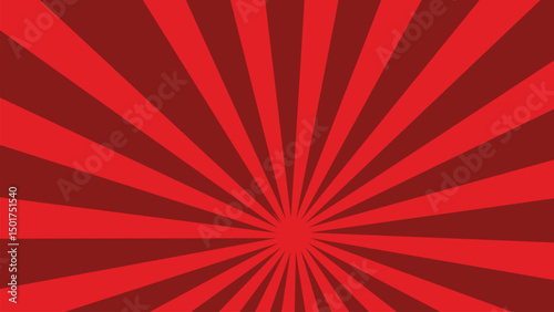 Pop art red burst background. Sunbeam comic book radial lines superhero action explosion lightning blast backdrop with halftone dots. Anime manga retro vintage background