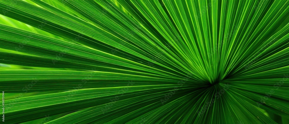 Obraz premium Close-up of vibrant green palm frond showing radiating lines and texture; tropical foliage in natural light; abstract botanical detail of exotic plant life