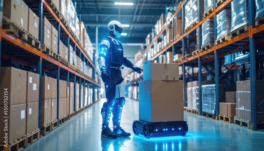 Fototapeta premium Futuristic robot in warehouse stacking boxes on a wheeled platform