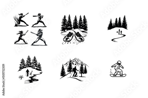 Silhouette illustrations of sports and winter activities