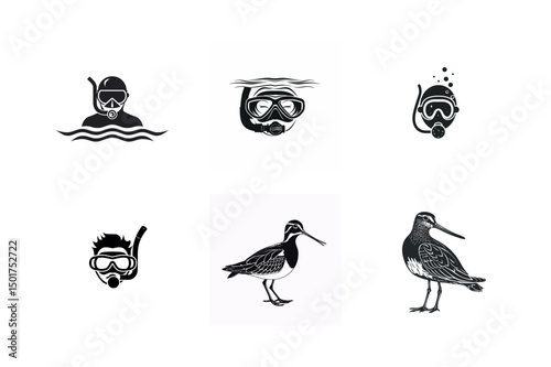 Snorkeling diving masks and shorebirds vector icons