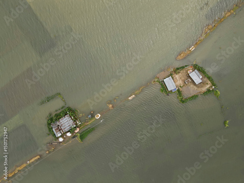Aerial view of flooded homes in a rural village surrounded by water, Tahirpur, Bangladesh. photo